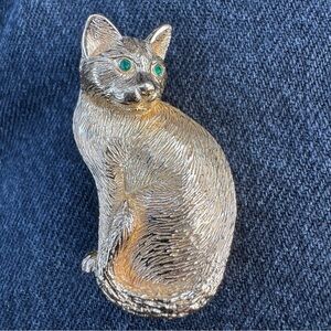 Christian Dior Gold Tone Cat Brooch Green Eyes